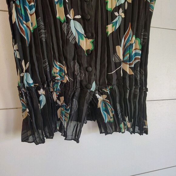 Y2K Square Neck Flutter Grunge Top XL Black Preppy Dark Dainty Pleated Floral - Picture 4 of 9